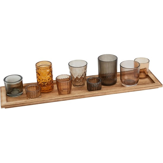 Wood Tray with 9 Brown Glass Votive Holders (Set of 10 Pieces)