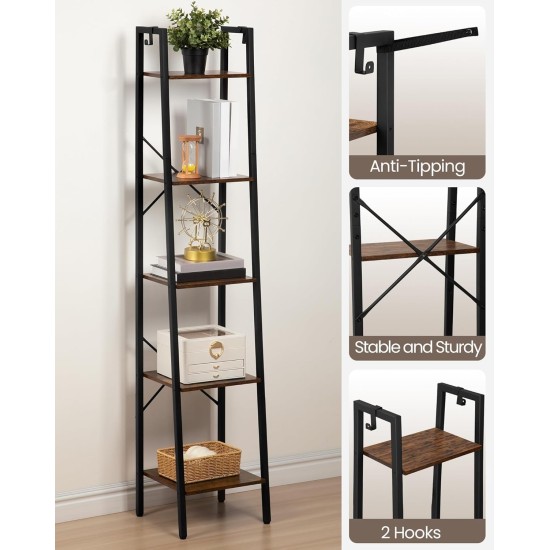 Ladder Shelf, Bookshelf Bookcase, Freestanding Corner Storage Shelve with 2 Hooks for Home Office, Living Room, Kitchen, Bedroom, Industrial, 11.8" D x 13.4" W x 63" H, Rustic Brown BC03201B