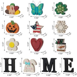 Glitzhome Interchangeable Home Table Signs with 13 Pcs Seasonal Icons, Wooden Changeable Home Sign for Holiday Decor, HOME Letter Sign Ornaments Set Interchangeable Holiday Decorative Shelf Blocks