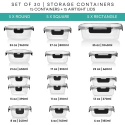Razab 30 PC Glass Food Storage Containers with Lids - Reusable Glass Meal Prep Containers for Lunch and Leftovers - Airtight & Leakproof Snap Locking Lids - Oven, Freezer, Microwave, Dishwasher Safe
