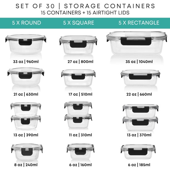 Razab 30 PC Glass Food Storage Containers with Lids - Reusable Glass Meal Prep Containers for Lunch and Leftovers - Airtight & Leakproof Snap Locking Lids - Oven, Freezer, Microwave, Dishwasher Safe