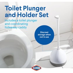 Clorox Toilet Plunger with Hideaway Holder Caddy Heavy-Duty Compact Design with Non-Skid Rubber Base for Bathroom Convenient Storage Toilet Unclogger, 6.5x19.5-Inch, White Clorox Toilet Plunger with Hideaway Holder Caddy Heavy-Duty Compact Design with Non-Skid Rubber Base for Bathroom Convenient Storage Toilet Unclogger, 6.5x19.5-Inch, White