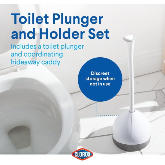 Clorox Toilet Plunger with Hideaway Holder Caddy Heavy-Duty Compact Design with Non-Skid Rubber Base for Bathroom Convenient Storage Toilet Unclogger, 6.5x19.5-Inch, White