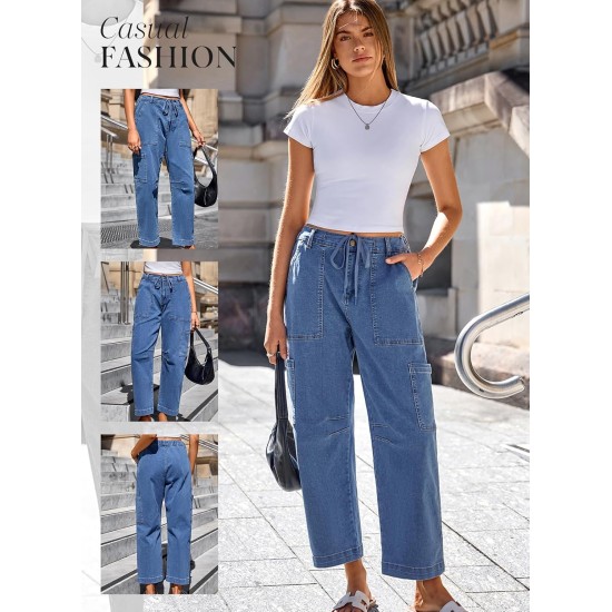 Dokotoo Jeans for Women Casual High Waisted Straight Wide Leg Pants Loose Cargo Denim Pants with Pockets
