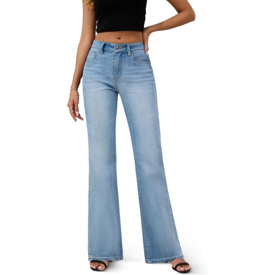 FLYING BANANA Women's High Rise Wide Leg Baggy Stretchy Loose Flare Bell Bottom Denim Jeans