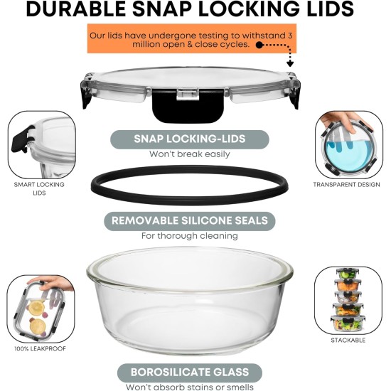 Razab 30 PC Glass Food Storage Containers with Lids - Reusable Glass Meal Prep Containers for Lunch and Leftovers - Airtight & Leakproof Snap Locking Lids - Oven, Freezer, Microwave, Dishwasher Safe
