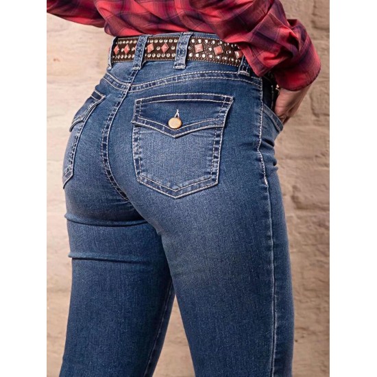 Flamingals Women's Buttoned Hem Bootcut Jeans Without Belt Mid Waist Casual Pants Navy Blue Flamingals Women's Buttoned Hem Bootcut Jeans Without Belt Mid Waist Casual Pants Navy Blue