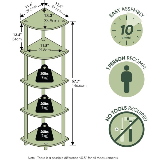 Furinno TURN-N-TUBE Corner Shelf, 5-Tier Corner Bookshelf, Open Storage Shelves, for Organization and Storage, Living Room, Home Office, Garage, Bedroom, Espresso Furinno TURN-N-TUBE Corner Shelf, 5-Tier Corner Bookshelf, Open Storage Shelves, for Organization and Storage, Living Room, Home Office, Garage, Bedroom, Espresso