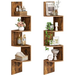 HOOBRO Corner Shelf Wall-Mounted, Set of 2 Floating Corner Shelves for Wall, 4-Tier Corner Bookshelves for Living Room, Bedroom, Bathroom, Home Office, Rustic Brown BF25BJP201