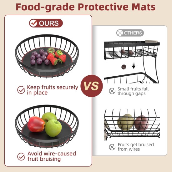 2 Tier Large Fruit Basket for Kitchen Counter with 2 Banana Hangers, Metal Stackable Fruit Bowl for Kitchen Counter for Bread Vegetable Fruits, Black