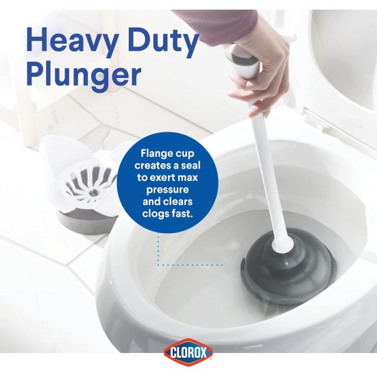 Clorox Toilet Plunger with Hideaway Holder Caddy Heavy-Duty Compact Design with Non-Skid Rubber Base for Bathroom Convenient Storage Toilet Unclogger, 6.5x19.5-Inch, White