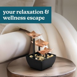 Homedics Golden Dew Relaxation Tabletop Water Fountain with 3 Tiers, Natural River Rocks, and a Quiet Pump for Soothing Zen Ambiance in Your Home or for Office Décor, Powered by 2 AA Batteries