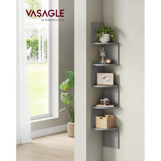 VASAGLE Corner Shelf Wall Mount, 5-Tier Floating Corner Bookshelf, Plant Shelf for Bedroom, Living Room, Bathroom, Home Office, Dove Gray