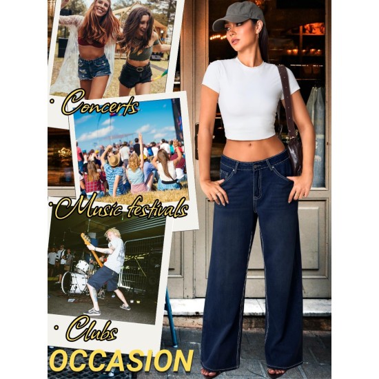 Women's Low Rise Baggy Jeans with Star Design, Soft Straight Wide Leg Pants, Lightweight and Comfortable