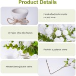 12pcs White Artificial Flowers with White Ceramic Vase Included,Fake Flowers in Vase,Table Centerpieces for Dining Room Eucalyptus Faux Chrysanthemum Mums Silk Flowers Floral Arrangements Home Decor