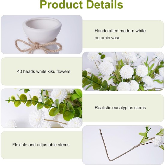 12pcs White Artificial Flowers with White Ceramic Vase Included,Fake Flowers in Vase,Table Centerpieces for Dining Room Eucalyptus Faux Chrysanthemum Mums Silk Flowers Floral Arrangements Home Decor