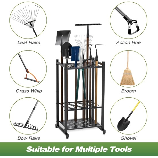 Garden Tool Organizer, Yard Tool Tower Rack for Garage Organization and Storage, Up to 35 Long-Handled Tools/Rakes/Brooms, Heavy Duty Steel Garden Tool Stand for Shed, Outdoor, Black