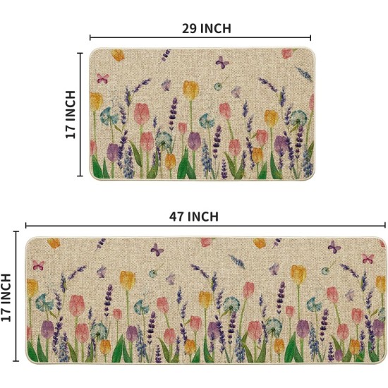 Artoid Mode Lavender Tulip Spring Kitchen Mats Set of 2, Seasonal Flower Summer Home Decor Low-Profile Kitchen Rugs for Floor - 17x29 and 17x47 Inch