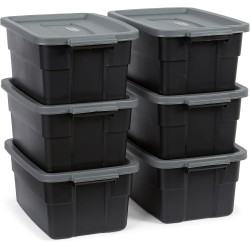 Rubbermaid 6-Pack Heavy Duty Durable 3 GAL Totes for Storage with Snap Lids and Handles, Plastic Storage Bins Stackable Black Gray for Home and Garage (3 GAL - 6 Pack Solid Black and Grey)