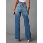 Sidefeel Women's Wide Leg Jeans High Waisted Tummy Control Stretchy Pockets Front Straight Leg Jeans