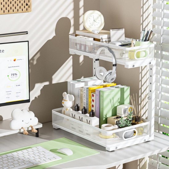 Under Sink Organizer, Height Adjustable 2 Tier Under Sink Organizers and Storage, Slide Out Metal Cabinet Organizers, Pull Out Sink Storage Drawer Shelf for Kitchen Bathroom Cabinet, White, 2 Pack