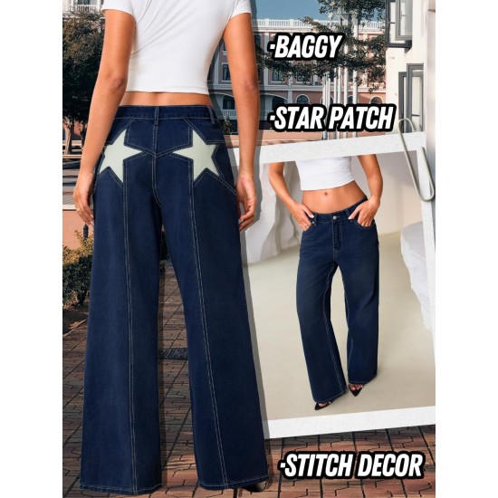 Women's Low Rise Baggy Jeans with Star Design, Soft Straight Wide Leg Pants, Lightweight and Comfortable