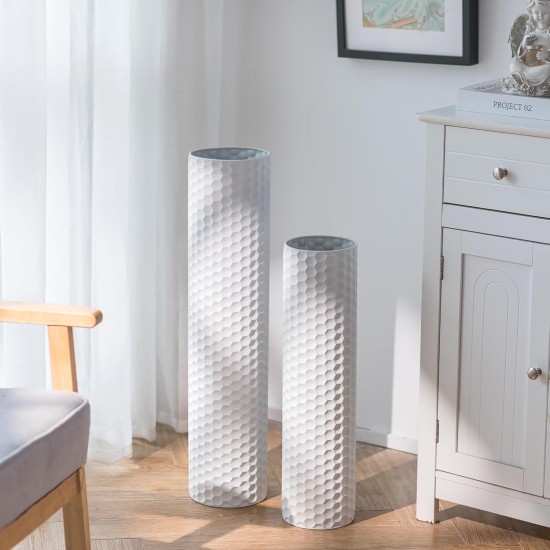 Sziqiqi White Tall Vases for Floor: 27.6/21.7in Metal Cylinder Handmade Flower Holder Extra Large Decorative Vase Set of 2 Modern Honeycomb Texture Big Standing Vase for Living Room Home Corner