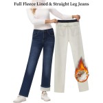 KDF Women's Fleece Lined Jeans Women Straight Leg Winter Fleece Lined Pants High Waist Lined Jeans Heated Wide Leg Jeans