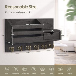 FifthQuarter Key and Mail Holder for Wall, Mail Organizer Wall Mount with 6 Hooks and Storage Drawer, Easy Installation Key Rack for Entryway and Home Decor (A-Black)