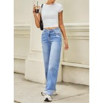 Sidefeel Women's Wide Leg Jeans High Waisted Stretchy Distressed Straight Leg Folded Hem Loose Denim Pants