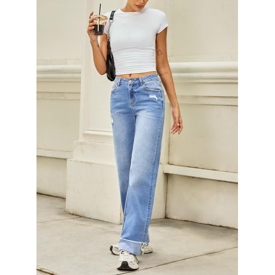 Sidefeel Women's Wide Leg Jeans High Waisted Stretchy Distressed Straight Leg Folded Hem Loose Denim Pants