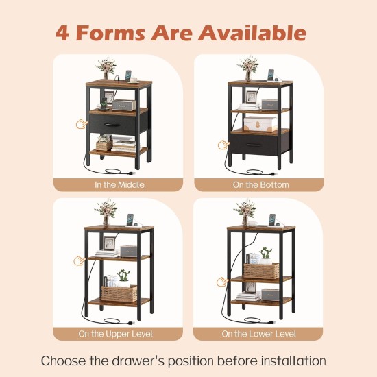 SUPERJARE Nightstand with Charging Station, Bed Side Table with Adjustable Fabric Drawer, Night Stand for Bedroom, 3-Tier Storage End Table, for Living Room, Rustic Brown and Black SUPERJARE Nightstand with Charging Station, Bed Side Table with Adjustable Fabric Drawer, Night Stand for Bedroom, 3-Tier Storage End Table, for Living Room, Rustic Brown and Black