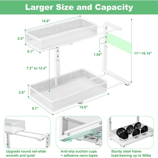Under Sink Organizer, Height Adjustable 2 Tier Under Sink Organizers and Storage, Slide Out Metal Cabinet Organizers, Pull Out Sink Storage Drawer Shelf for Kitchen Bathroom Cabinet, White, 2 Pack