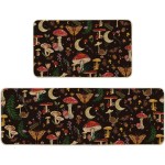 Artoid Mode Black Mushrooms Butterfly Spring Kitchen Mats Set of 2, Home Decor Low-Profile Kitchen Rugs for Floor - 17x29 and 17x47 Inch