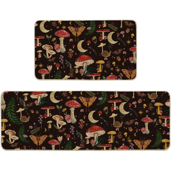 Artoid Mode Black Mushrooms Butterfly Spring Kitchen Mats Set of 2, Home Decor Low-Profile Kitchen Rugs for Floor - 17x29 and 17x47 Inch