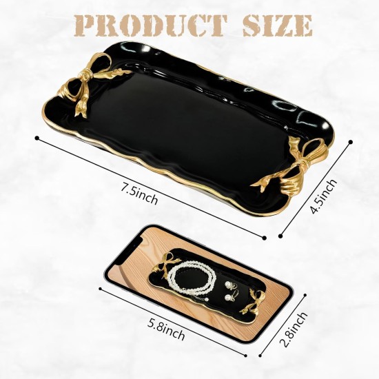 Vintage Decorative Tray Jewelry Tray Towel Tray Storage Tray Rings Necklace Bracelets Earrings Trays Cosmetics Jewelry Organizer Retro Design Bow Decor Resin Plate Coquette Room Decor (Black)