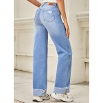 Sidefeel Women's Wide Leg Jeans High Waisted Stretchy Distressed Straight Leg Folded Hem Loose Denim Pants