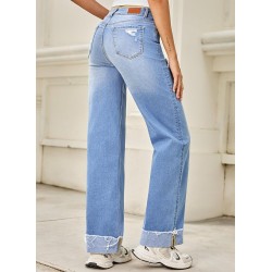 Sidefeel Women's Wide Leg Jeans High Waisted Stretchy Distressed Straight Leg Folded Hem Loose Denim Pants