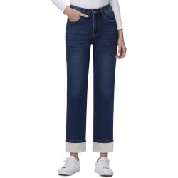 KDF Women's Fleece Lined Jeans Women Straight Leg Winter Fleece Lined Pants High Waist Lined Jeans Heated Wide Leg Jeans