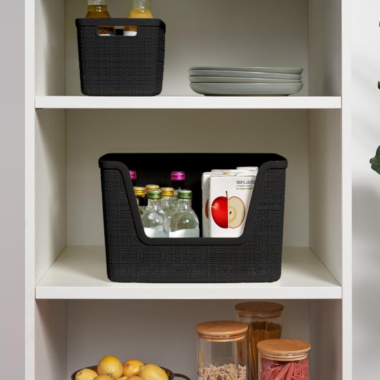 Curver Set of 4 Large 18L Easy Access Jute Decorative Plastic Organization and Storage Baskets - Perfect Bins for Home Office, Closet Shelves, Kitchen Pantry and All Bedroom Essentials, Black