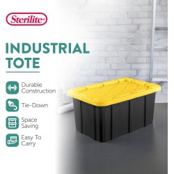 Sterilite 17 Gal Industrial Tote, Stackable Storage Bin with Snap-Fit Lid for Garage, Basement & Attic Storage, Black Base and Yellow Lily Lid, 6-Pack