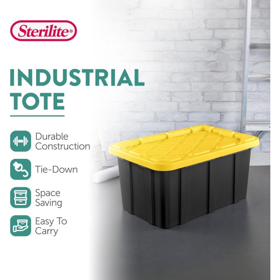 Sterilite 17 Gal Industrial Tote, Stackable Storage Bin with Snap-Fit Lid for Garage, Basement & Attic Storage, Black Base and Yellow Lily Lid, 6-Pack