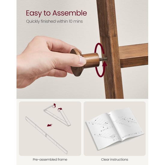 VASAGLE Blanket Ladder for Living Room, 5-Tier Wooden Ladder Shelf, Decorative Farmhouse Blanket Rack with Synthetic Leather Bag, Metal Hooks, Side Hooks, for Bedroom, Caramel Brown ULLS022K01