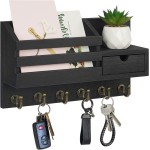 FifthQuarter Key and Mail Holder for Wall, Mail Organizer Wall Mount with 6 Hooks and Storage Drawer, Easy Installation Key Rack for Entryway and Home Decor (A-Black)
