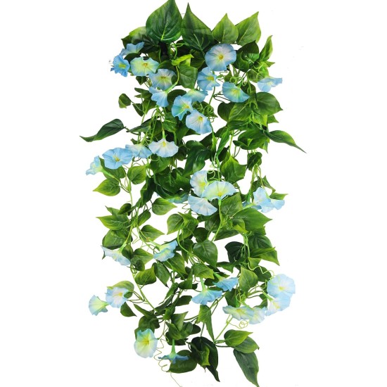 CISDUEO 2 Pcs Artificial Vines for Outdoors Silk Morning Glory Vines 15Feet Hanging Plants Blue Flowers Garland Fake Green Plant Morning Glories for Home Decor Wall Fence Wedding Hanging Baskets