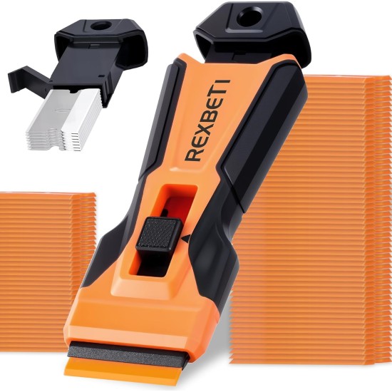 REXBETI Razor Blade Scraper Tool, 1 Pack Razor Scraper with Extra 157Pcs Razor Blades -7Pcs Metal and 150Pcs Plastic Blades, Cleaning Scraper Tool, Cooktop, Paint, Glass Scraper