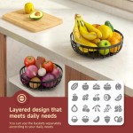 2 Tier Large Fruit Basket for Kitchen Counter with 2 Banana Hangers, Metal Stackable Fruit Bowl for Kitchen Counter for Bread Vegetable Fruits, Black