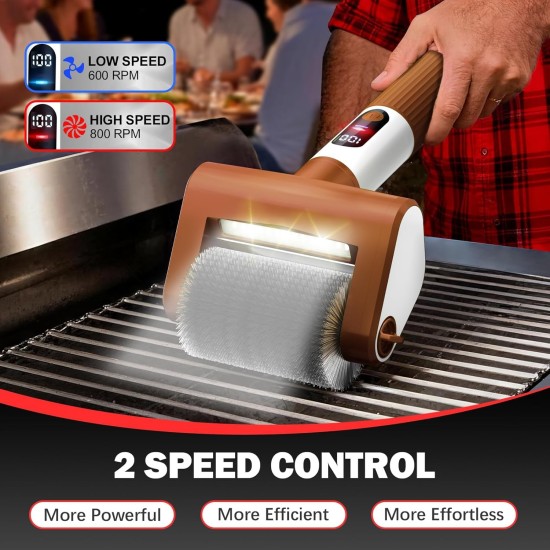 Electric Grill Brush, 2-Speed BBQ Grill Brush with LED Light/Screen Powerful Cleaning 800RPM/4000mAh/2 Brush Heads No Bristle Shedding Rechargeable Lightweight Grill Cleaner for Outdoor/Camping