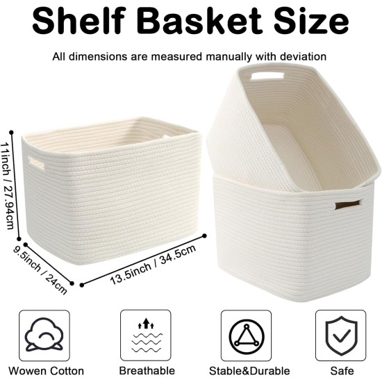 3 Pack Woven Storage Baskets for Shelves,13.5"×11"×9.5"Organizing Bins,Gift Baskets for Toys/Books/Towels/Clothes,Storage box for Nursery,Bedroom&Living Room Home Organization(White) 3 Pack Woven Storage Baskets for Shelves,13.5"×11"×9.5"Organizing Bins,Gift Baskets for Toys/Books/Towels/Clothes,Storage box for Nursery,Bedroom&Living Room Home Organization(White)