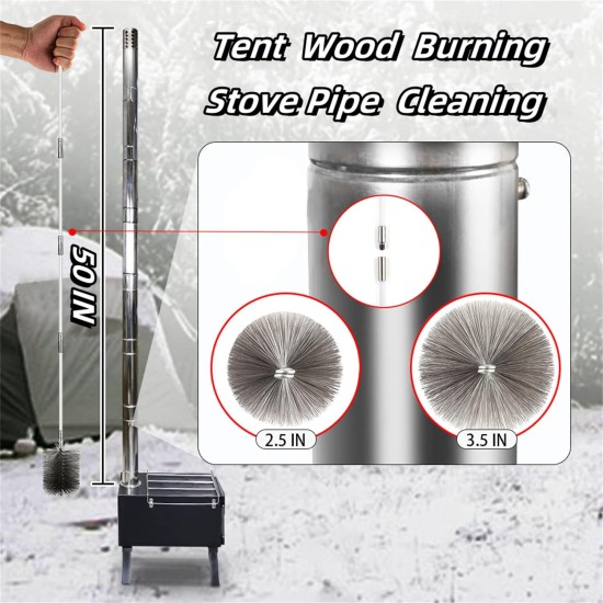 50-inch Long Tent Wood Burning Stove Pipe Cleaning Brush with Stainless Steel Bristles, and Chimney Cleaning Wire Brush with 4 Flexible Rods, 2.5'' Brush Heads
